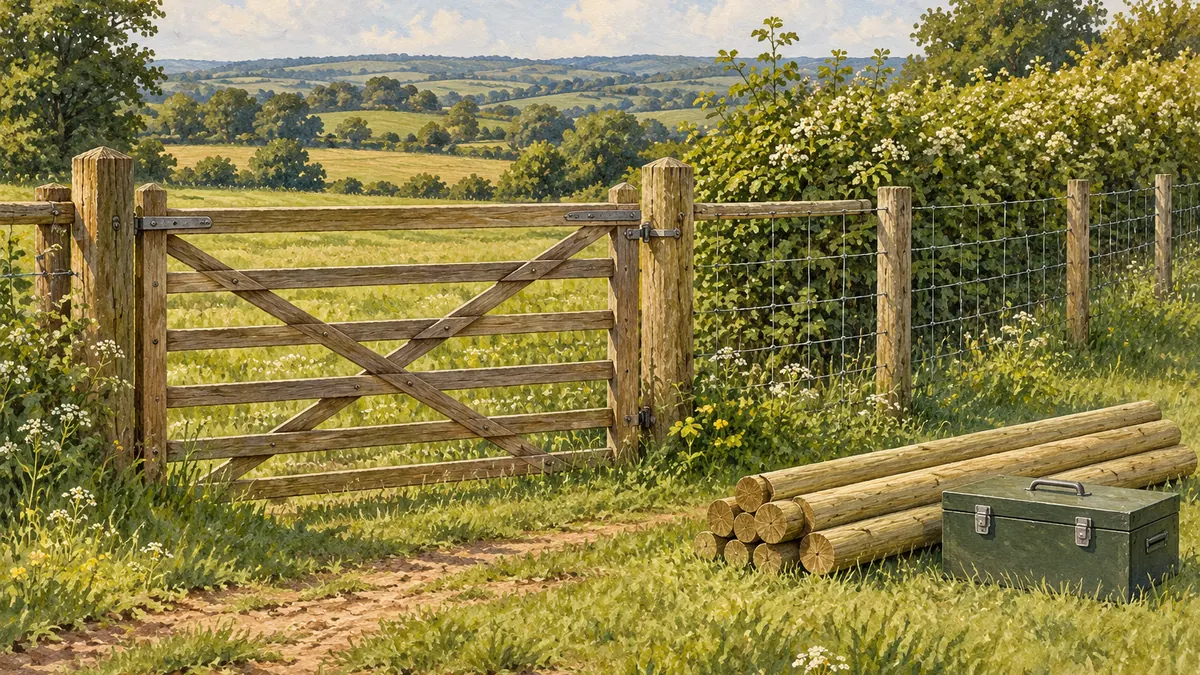 Illustration of a field gate, boundary fence, spare timber posts and a closed toolbox.