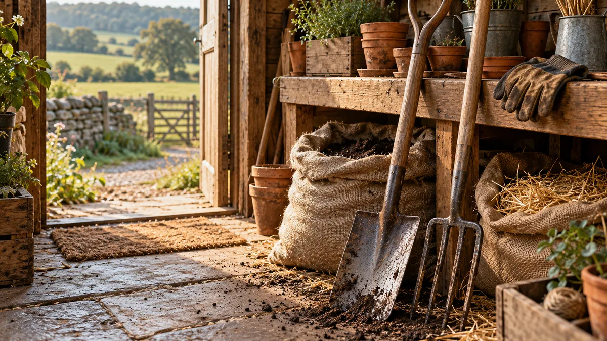 A spade and fork leaning against a potting-shed bench, with clay pots, hessian sacks of soil and straw, and gloves.