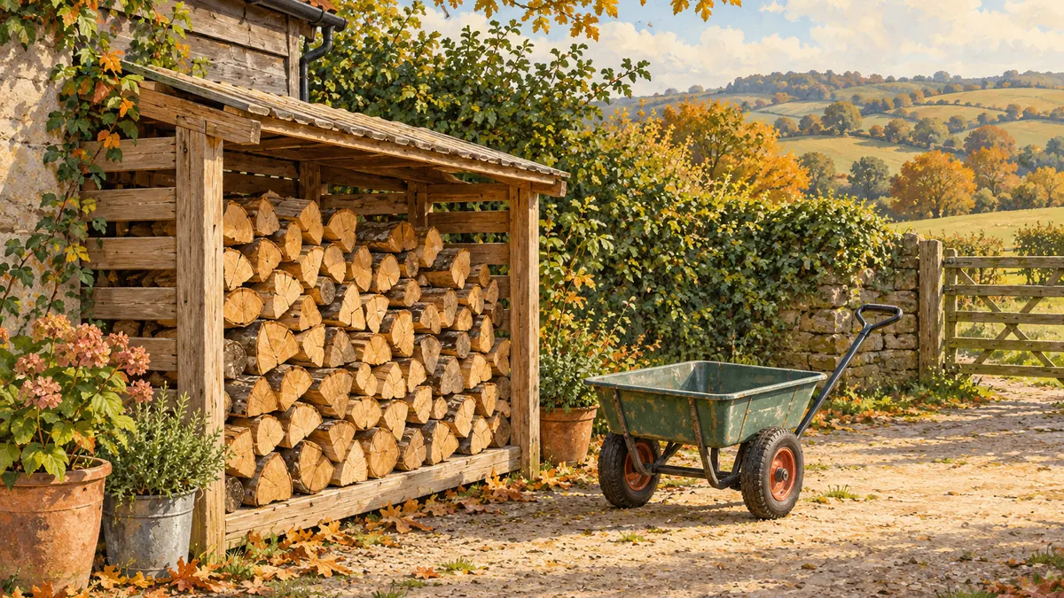 Illustration of logs in a timber store beside a clear path and an empty garden cart.
