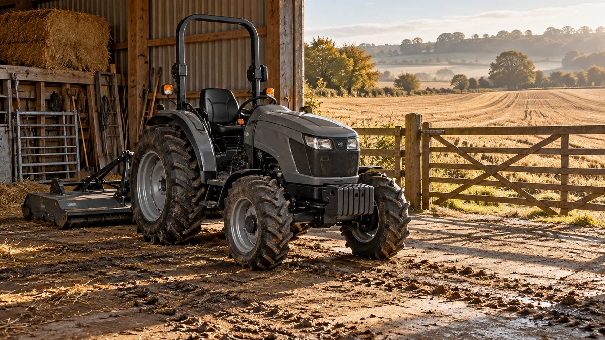 A compact tractor with a roll bar and a rear-mounted flail mower parked in an open-fronted barn, with a field gate and stubble field beyond.