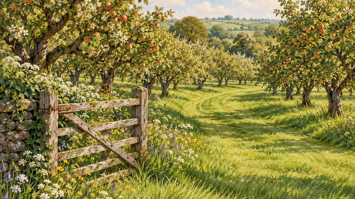 Illustration of a mown grass route between mature apple trees in a small orchard.
