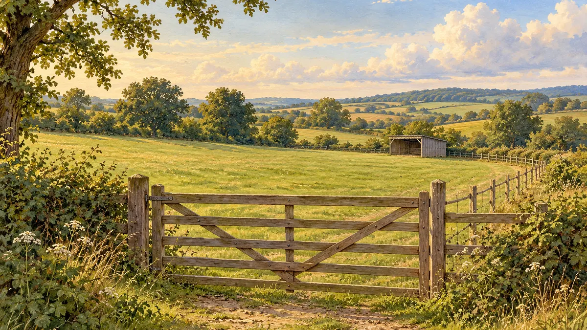 Illustration of a grass paddock with a wooden field gate, hedge and distant shelter.