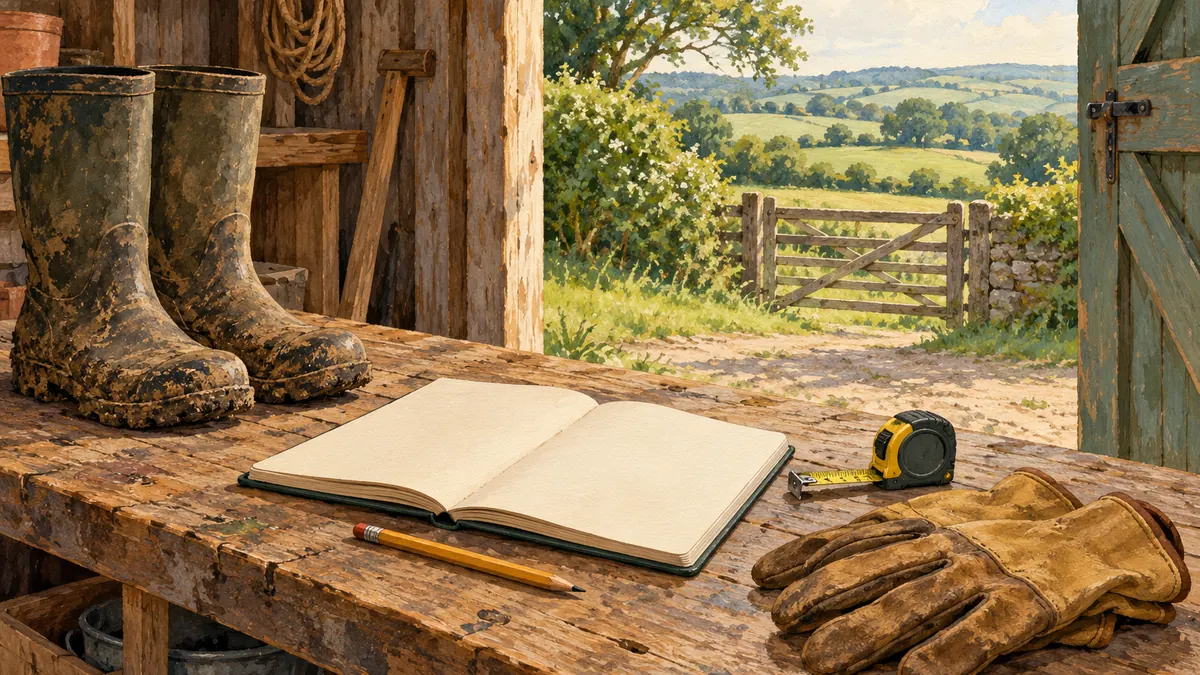 A planning notebook, tape measure, boots and gloves on a shed workbench (illustration)