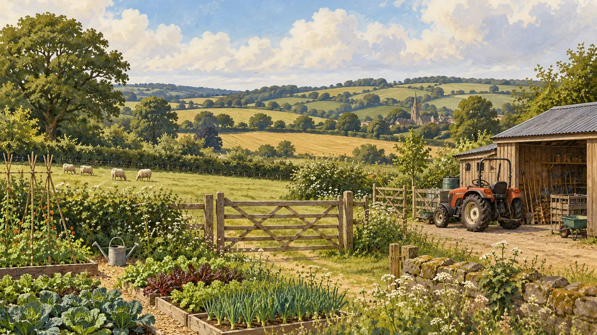 A British smallholding with hedgerows, a paddock, vegetable beds and a machinery shed (illustration)