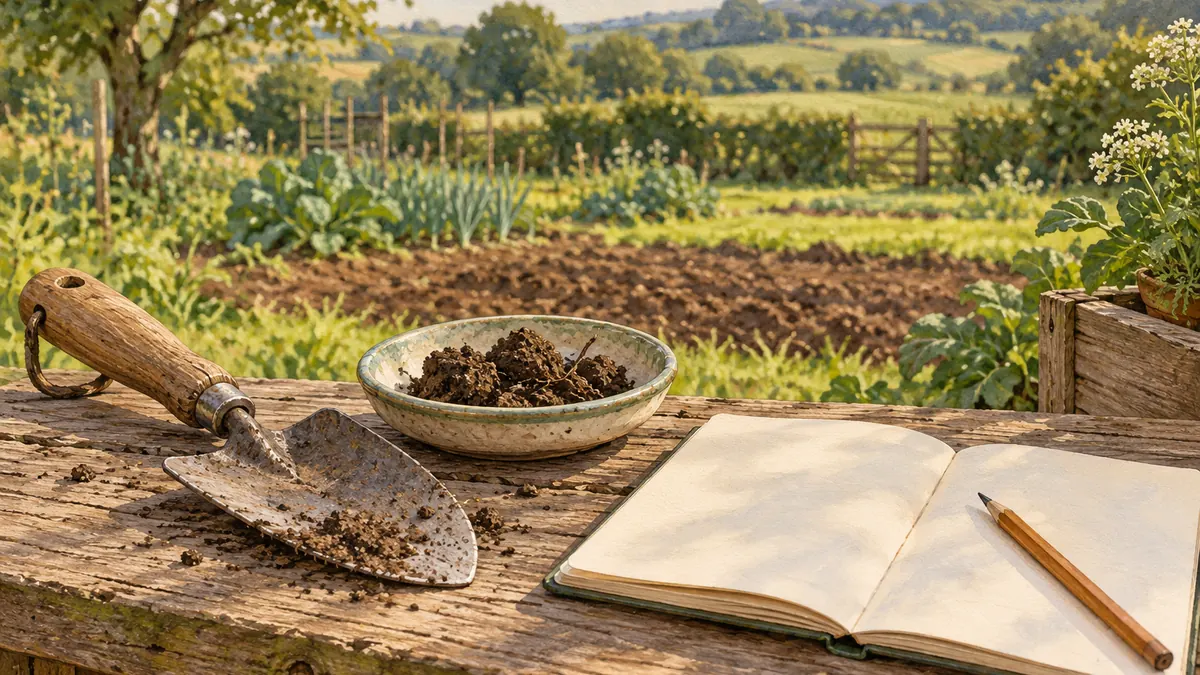 Illustration of soil clods, a resting hand trowel and a blank notebook beside a growing plot.