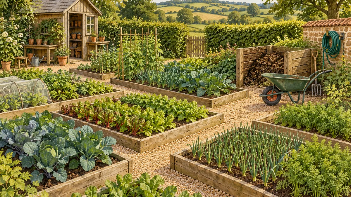 Illustration of vegetable beds, access paths, a parked wheelbarrow and a small potting shed.