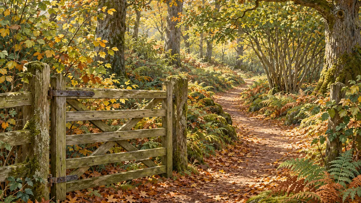 Illustration of a winding path and wooden gate in a small broadleaf woodland.